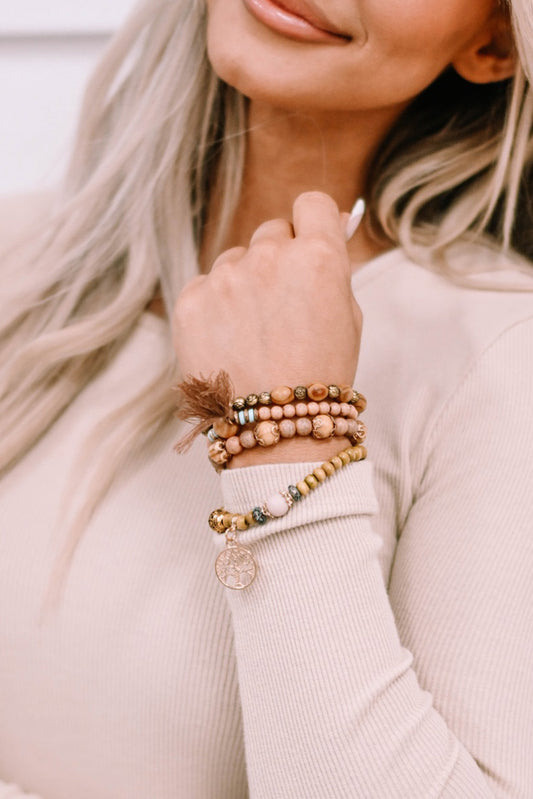 Brown Tree Of Life Charm Tassel Layers Wood Beads Bracelet