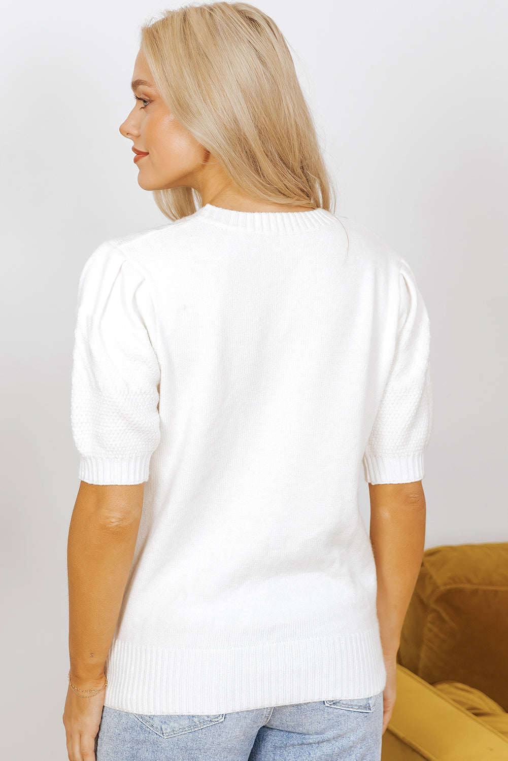 White Multicolor Stitch Detail Cable Knit Short Sleeve Sweater