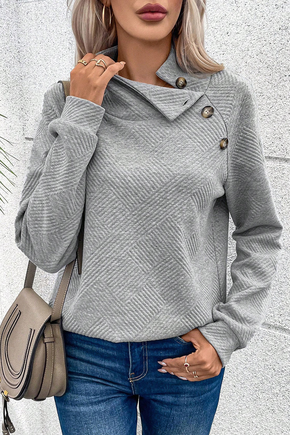 Light Grey Textured Snap Buttons Pullover Plus Size Sweatshirt