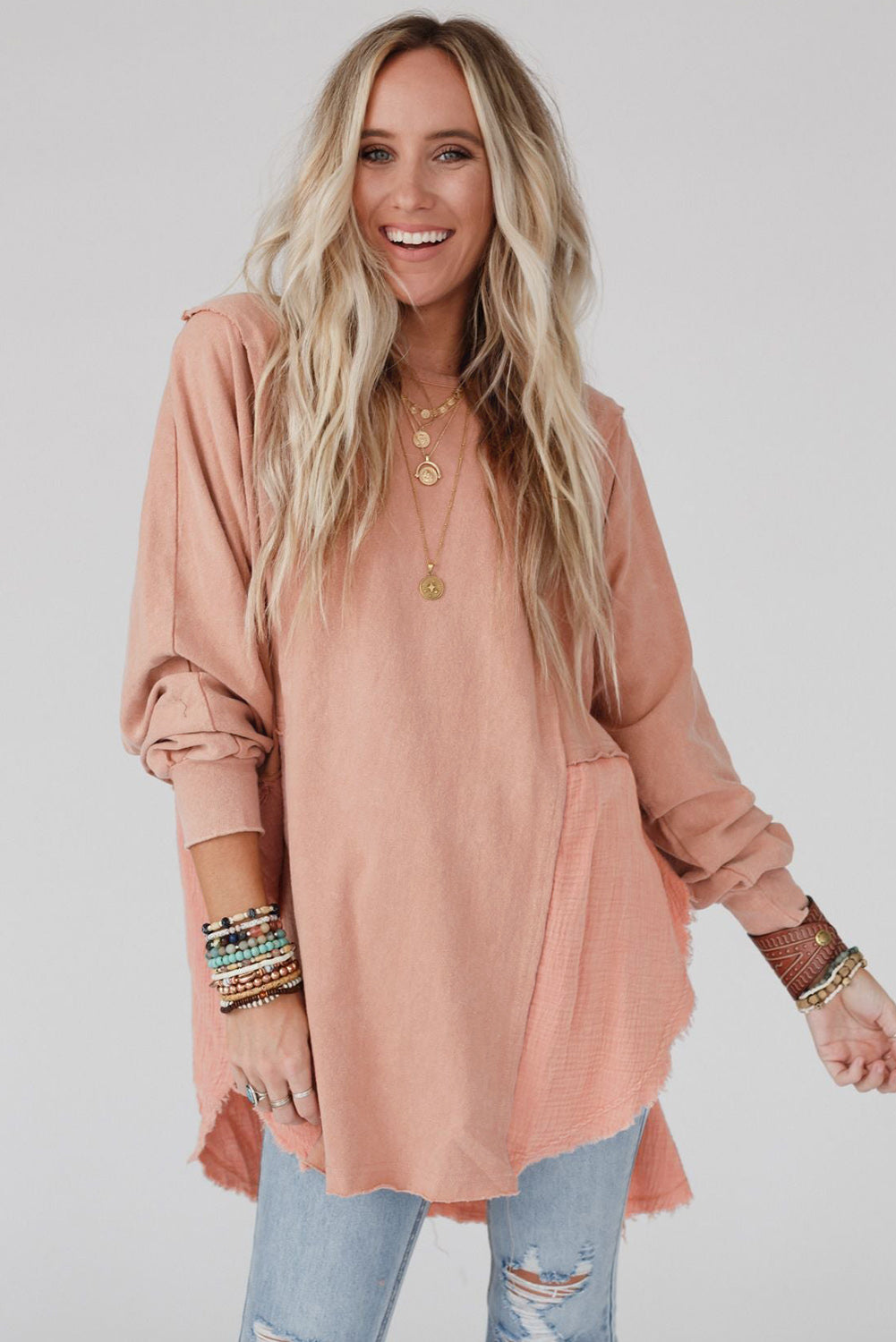 Pink Raw Edge Leopard Patchwork Oversized Blouse