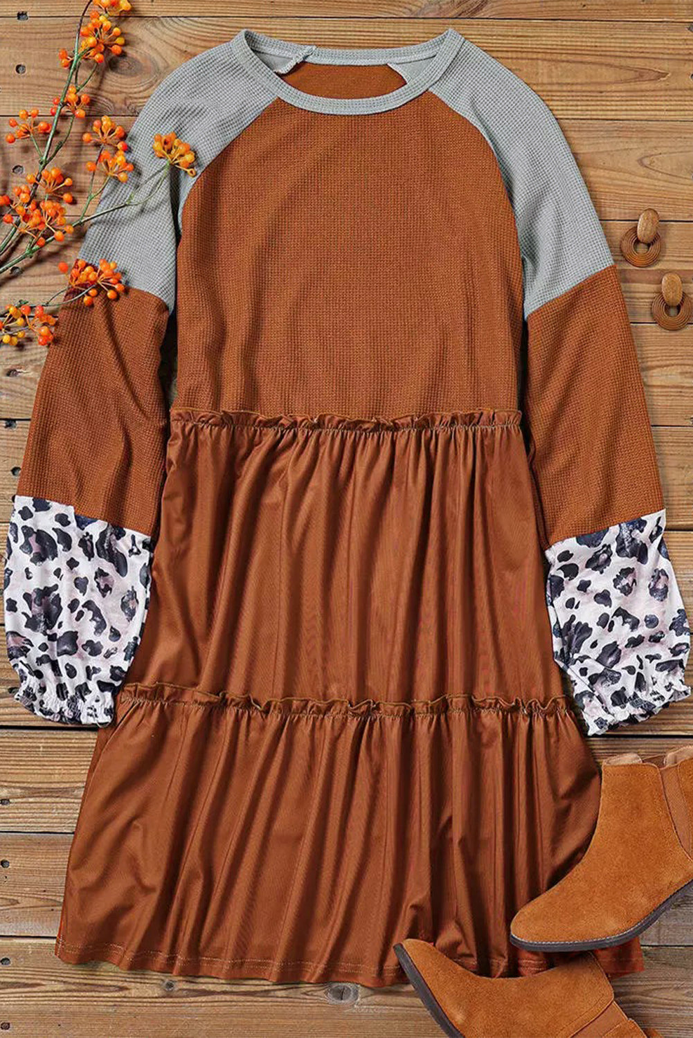 Gold Flame Plus Size Waffle Leopard Long Sleeve Ruffle Mini Dress