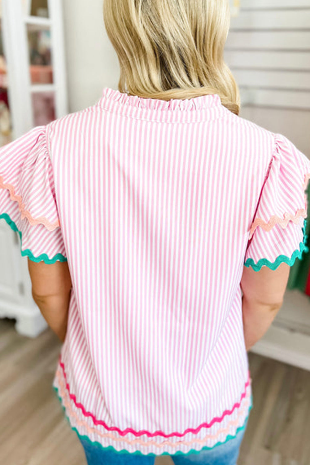 Pink Stripe Ricrac Trim Split Neck Striped Ruffled Sleeve Blouse