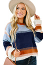 Dark Blue Color Block Round Neck Tunic Sweater