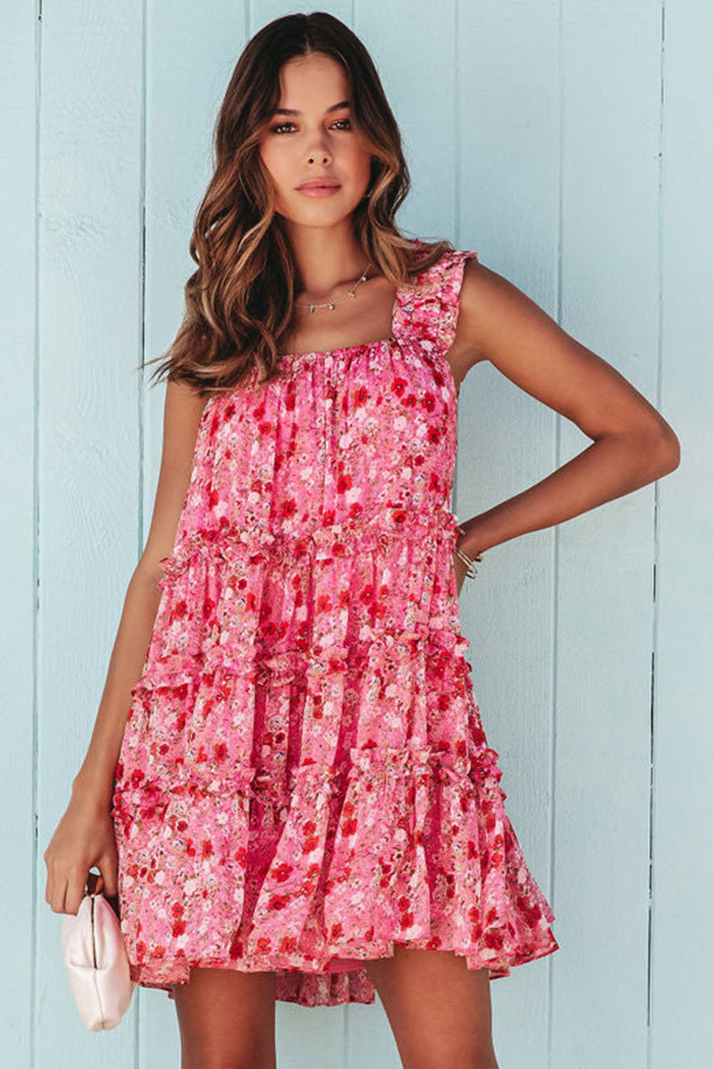 Tiered Ruffled Square Neck Sleeveless Floral Mini Dress