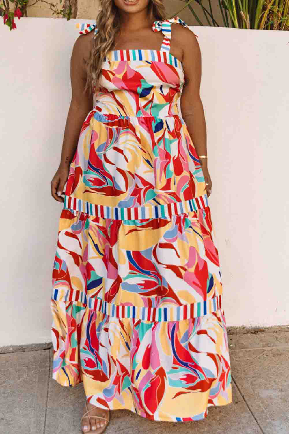 Multicolor Abstract Print Striped Trim Maxi Sundress