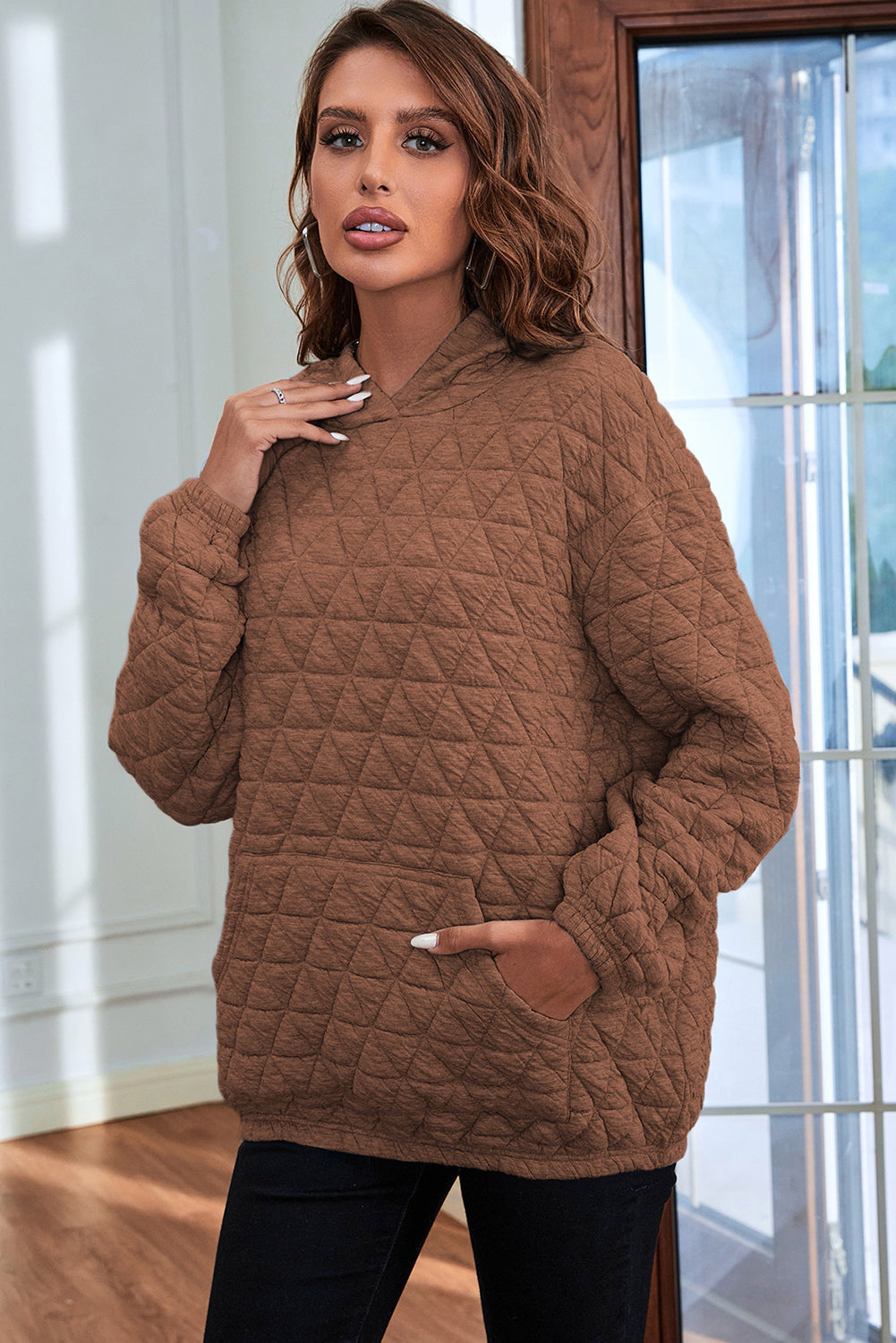 Blackish Green Plus Size Quarter Buttoned Pocketed Quilted Sweatshirt