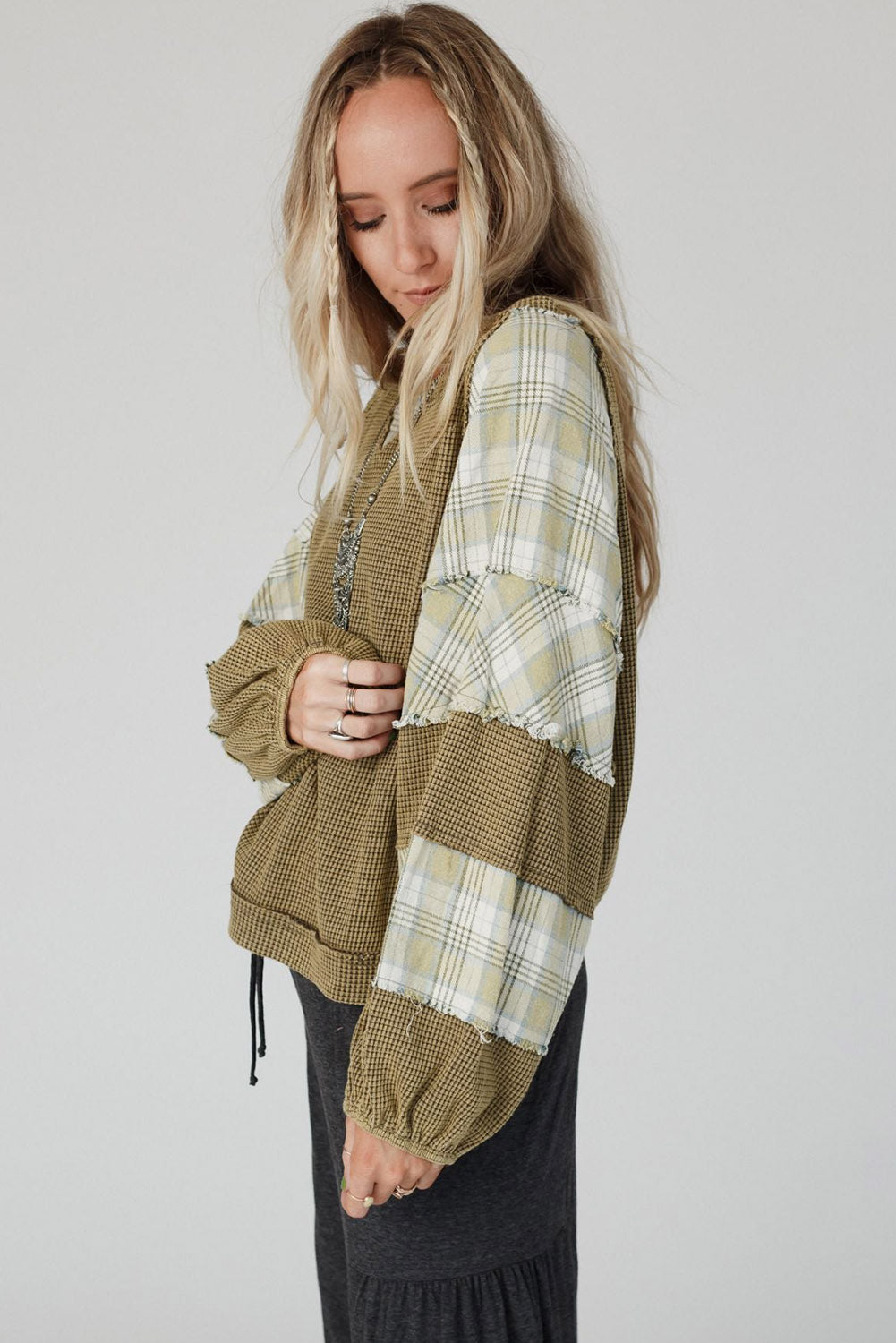 Green Plaid Patch Waffle Knit Exposed Seam Bubble Sleeve Top