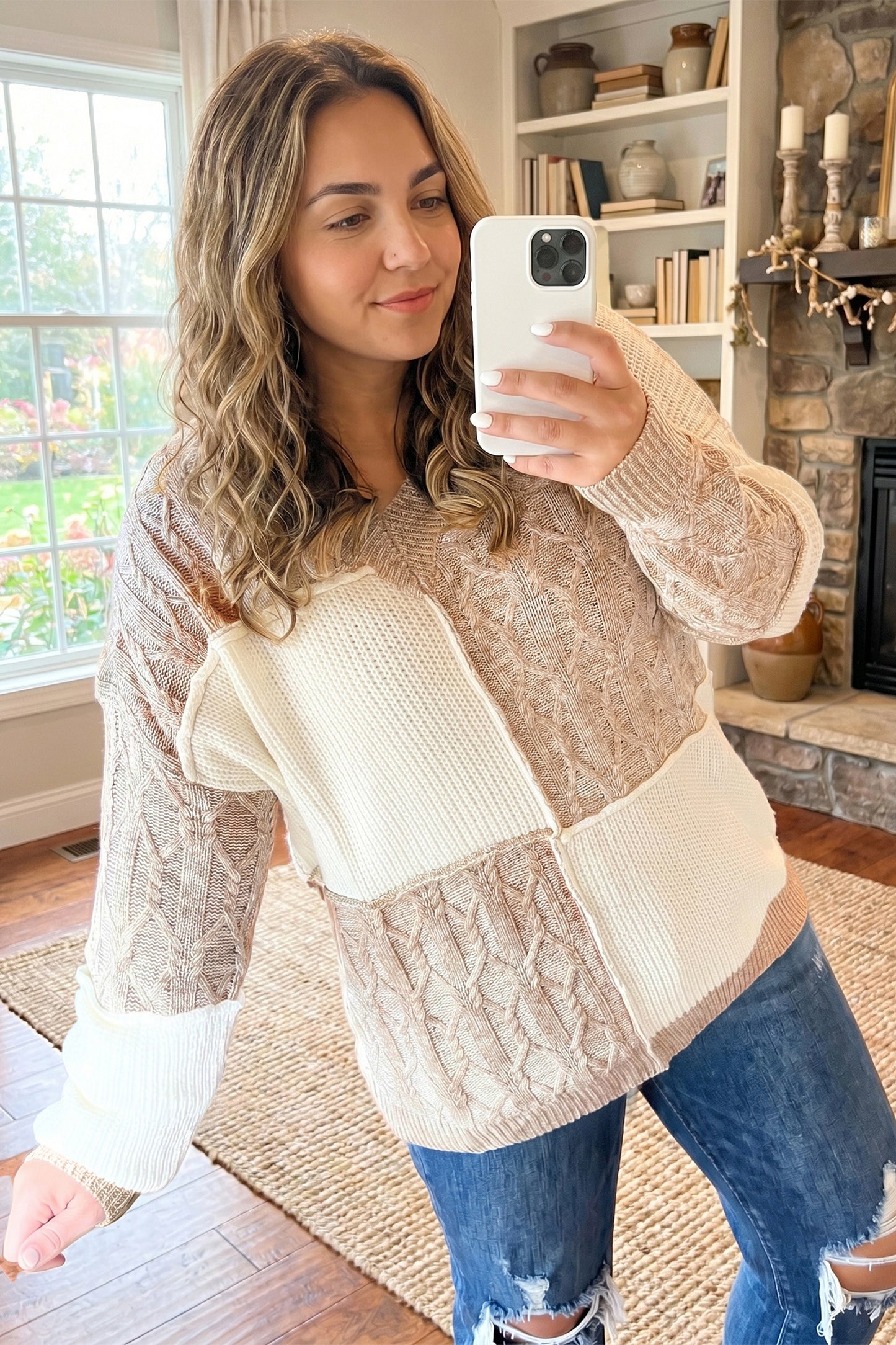 Parchment Colorblock V Neck Long Sleeve Tunic Loose Fit Plus Size Sweater