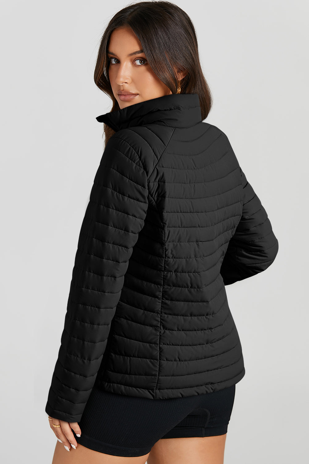 Black Solid Color Quilted Zip-up Puffer Jacket