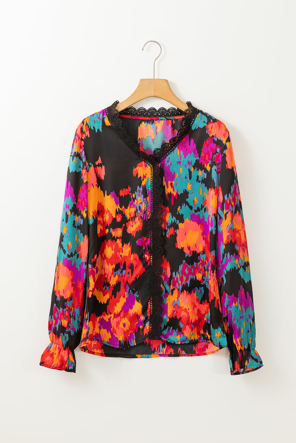 Black Abstract Printed Flounce Sleeve Lace V-Neck Blouse