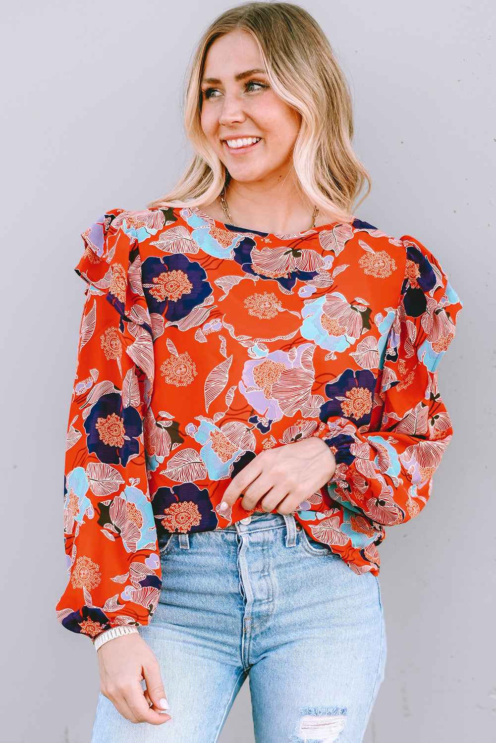 Ginger Floral Print Ruffle Puff Sleeve Blouse