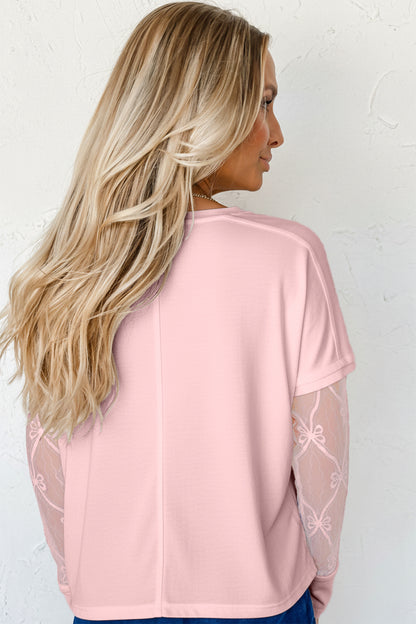Black Solid Color Bow Textured Patchwork Long Sleeve Tee
