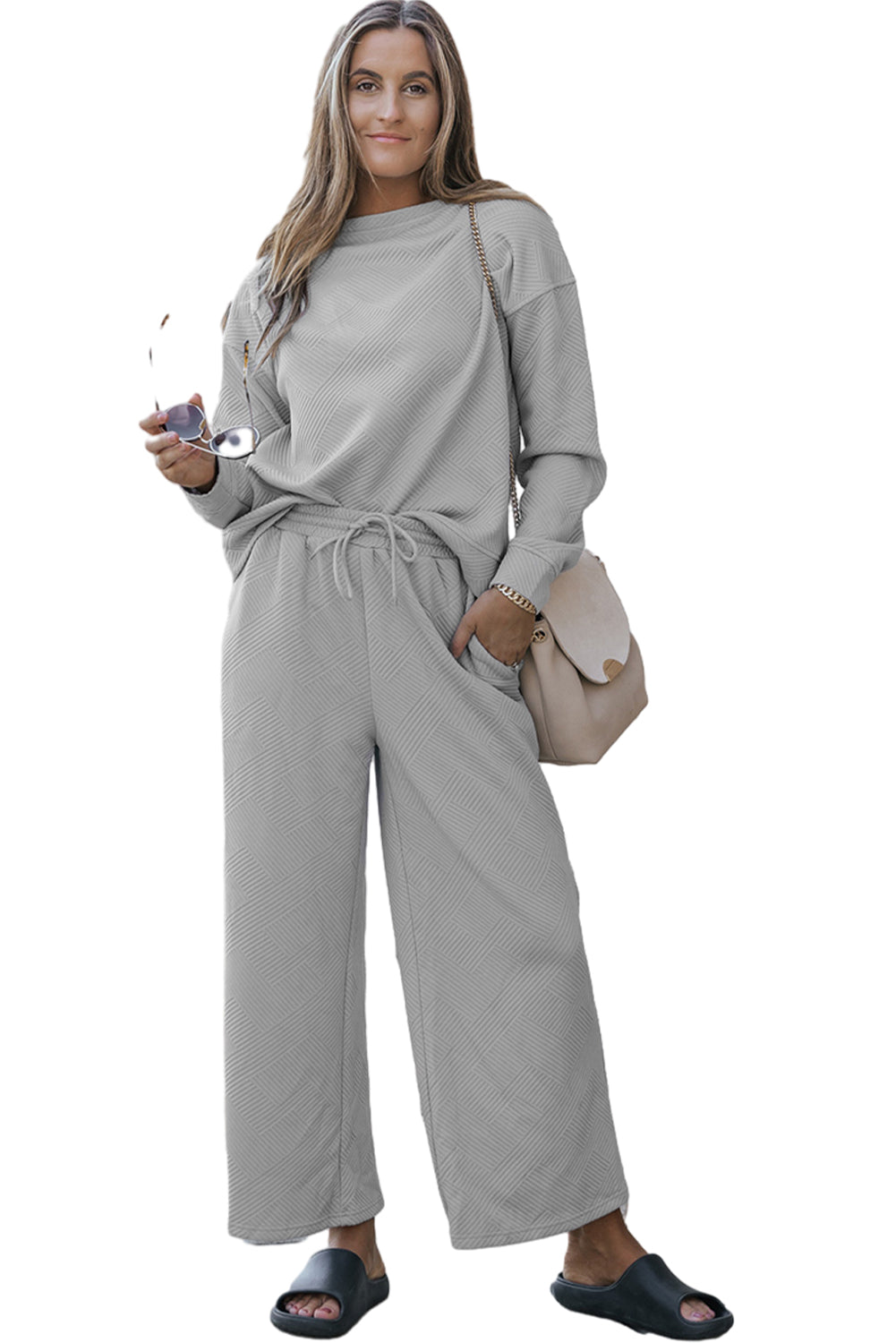 Light Grey Plus Size Textured Casual Two-Piece Pants Set