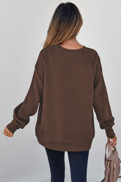 Jungle Green Solid Color Textured Round Neck Drop Shoulder Pullover Sweatshirt