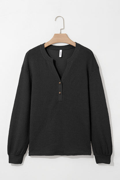 Black Button Notched Neck Waffle Knit Long Sleeve Top