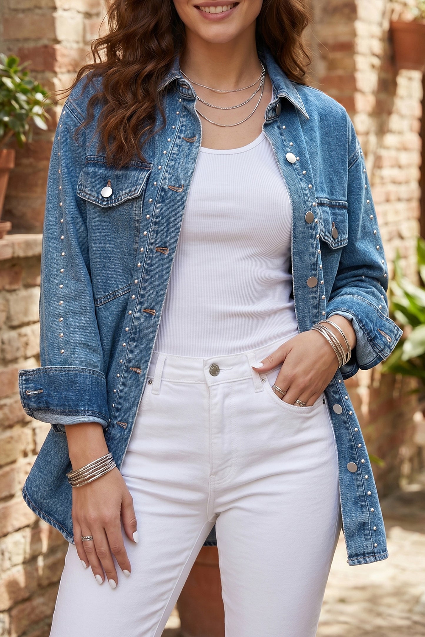 Sail Blue Rivet Embellished Western Style Regular Fit Long Sleeve Denim Jacket