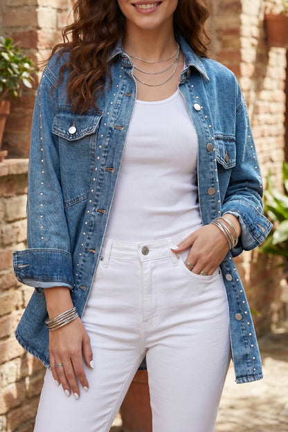 Sail Blue Rivet Embellished Western Style Regular Fit Long Sleeve Denim Jacket