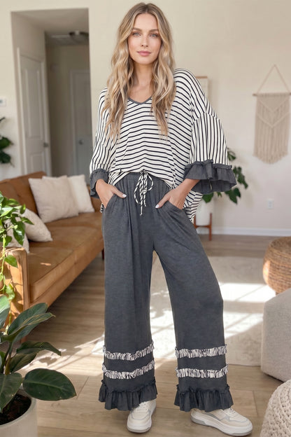Gray Stripe V Neck Ruffle Contrast Sleeve Drawstring Pants 2pcs Set