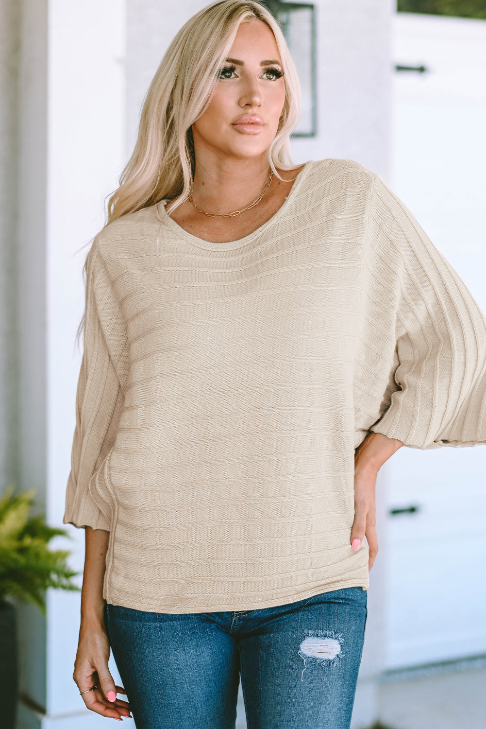 Brown Exposed Seam Ribbed Knit Dolman Top