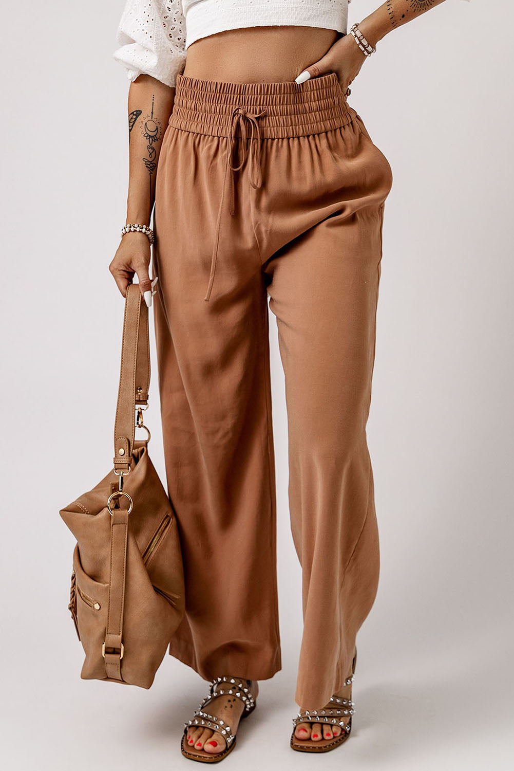 Casual Drawstring Shirred Elastic Waist Wide Leg Pants