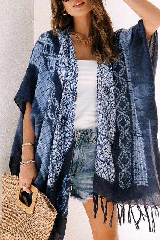 Tie Dye Short Sleeves Tassels Kimono