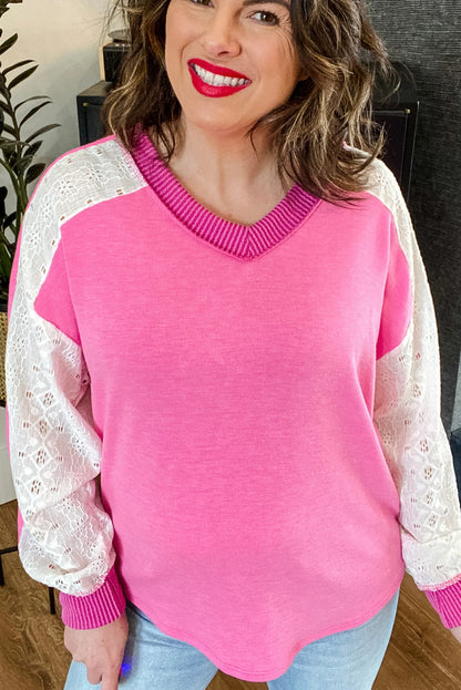Bonbon Lace Patchwork Corded Trim Plus Size Long Sleeve Top