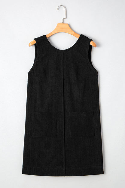 Black Corduroy Exposed Seam Sleeveless Mini Dress