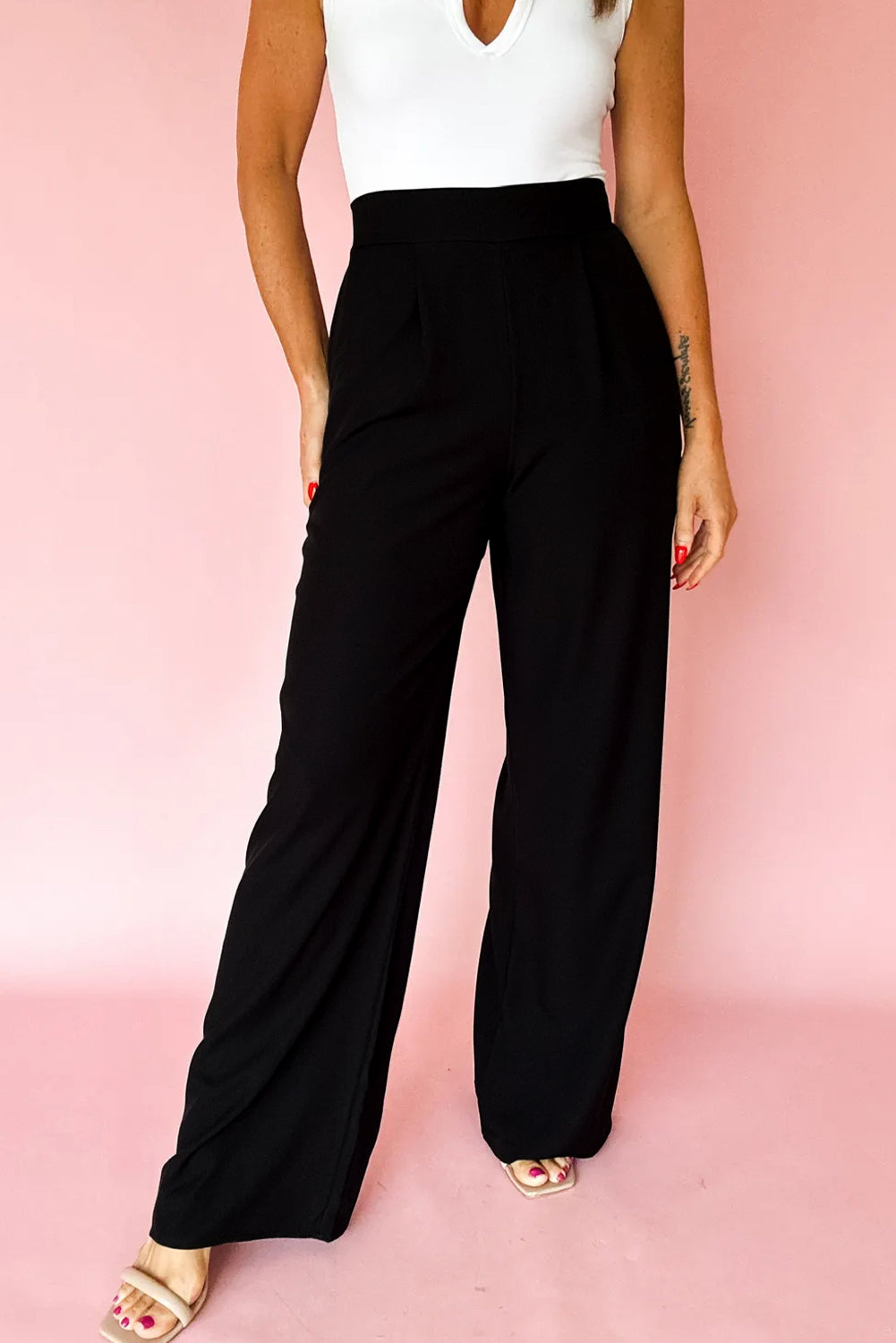 Black Pleated Detail Pull On High Elastic Waist Loose Straight Pants
