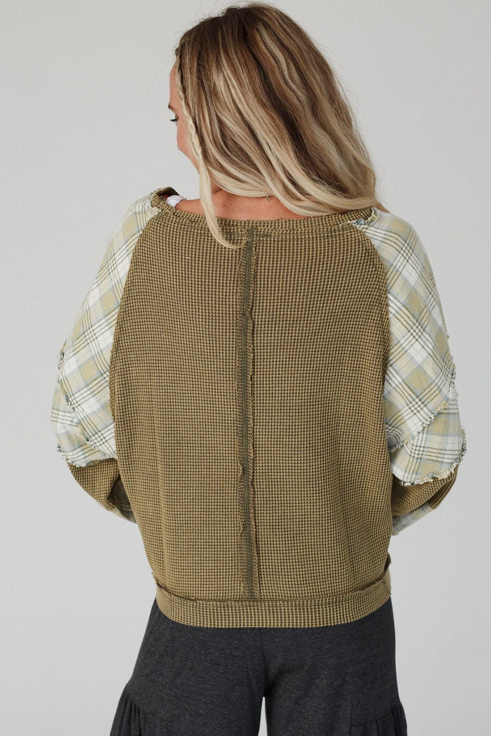 Green Plaid Patch Waffle Knit Exposed Seam Bubble Sleeve Top