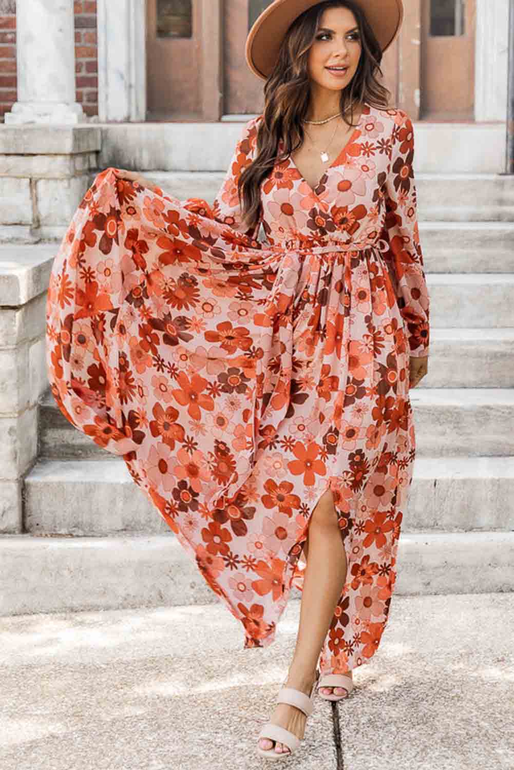 Floral V-Neck Long Sleeve Belted Maxi Dress