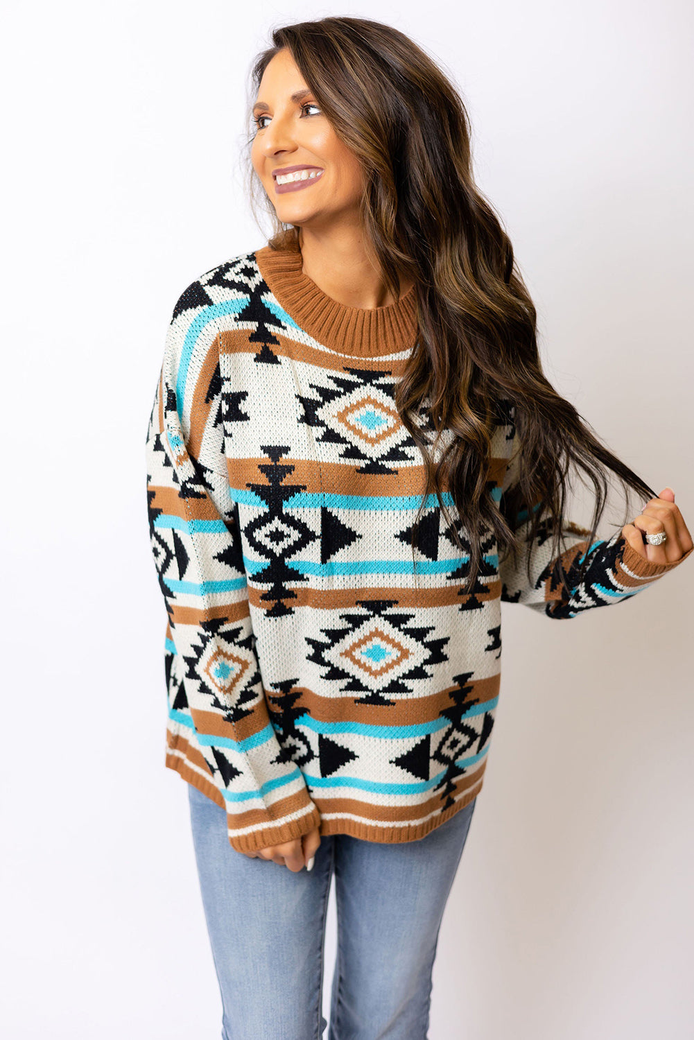 Geometric Striped Knit Ribbed Trim Sweater