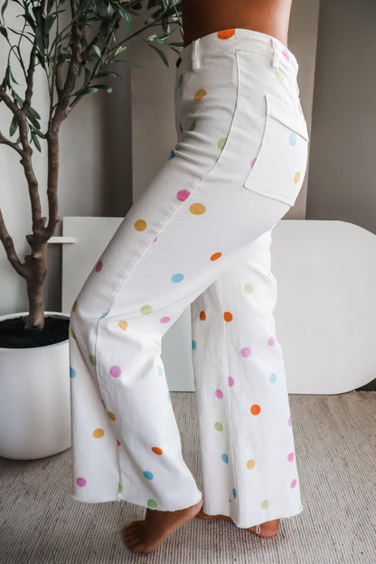 White High Waist Polka Dot Straight Leg Casual Jeans