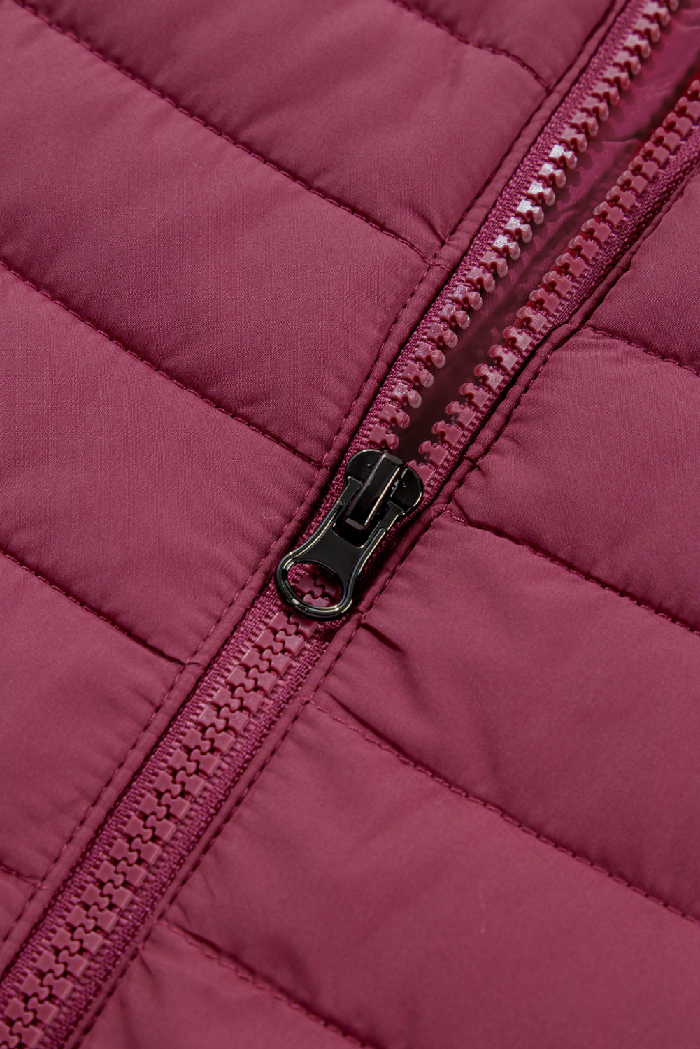 Burgundy Plush Collared Quilted Zipped Puffer Vest