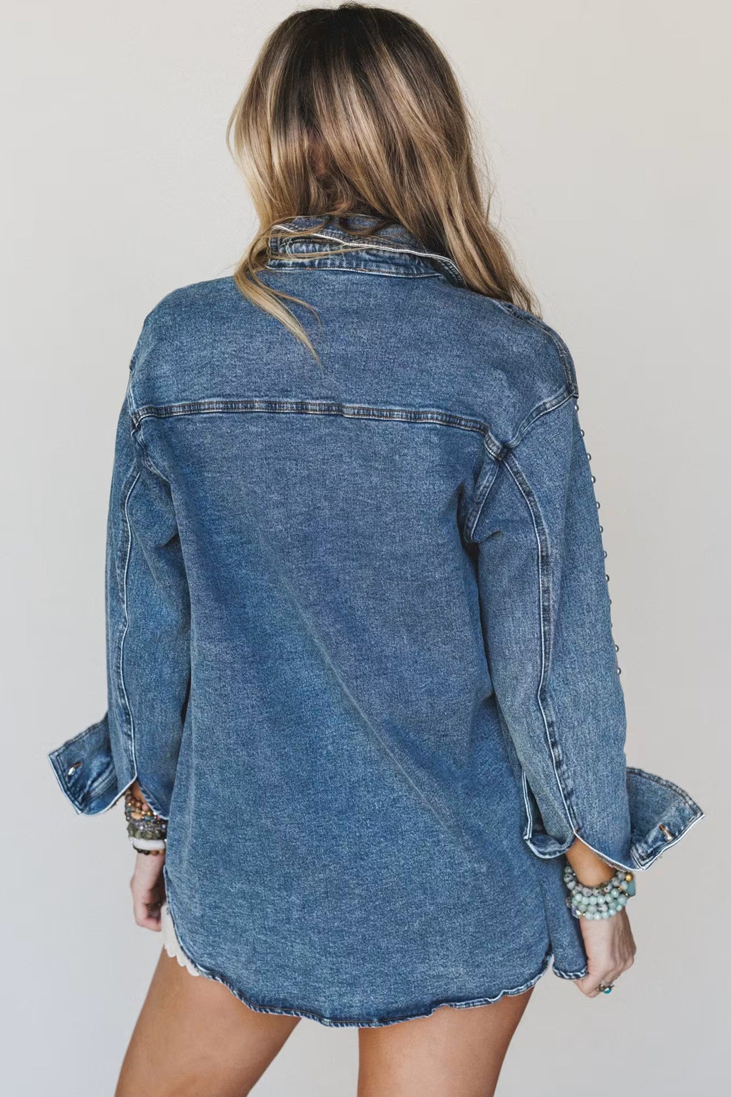 Sail Blue Rivet Embellished Western Style Regular Fit Long Sleeve Denim Jacket