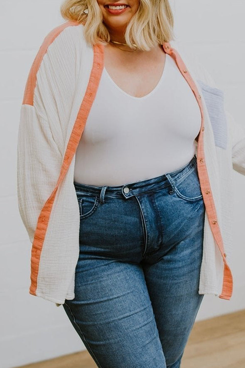 Crinkle Colorblock Chest Pocket Plus Size Shirt