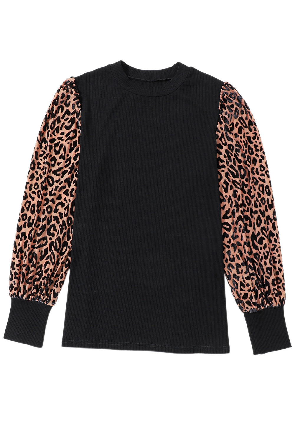 Black Leopard Patchwork Ribbed Knit Mock Neck Plus Size Top