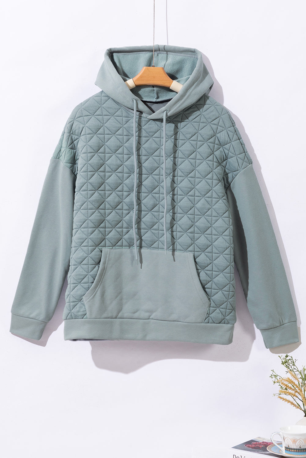 Blackish Green Plus Size Quarter Buttoned Pocketed Quilted Sweatshirt