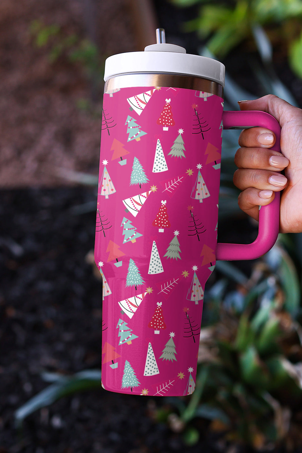 Black Cartoon Christmas Tree Printed Thermos Cup