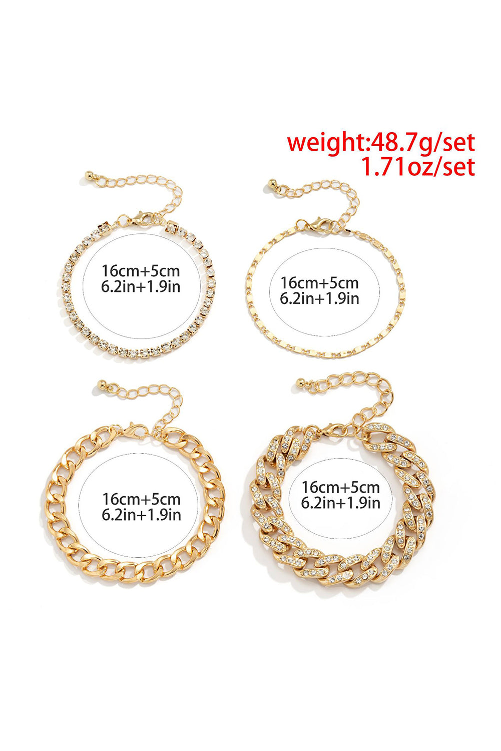 Silvery 4pcs Rhinestone Decor Adjustable Chain Bracelet Set