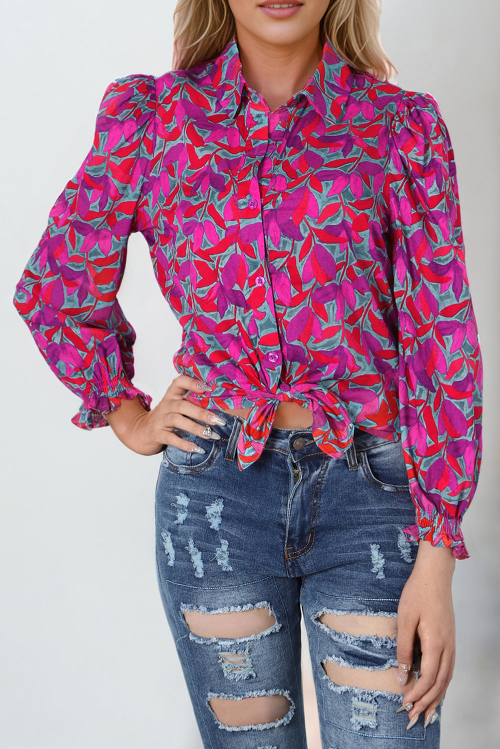 Multicolour Plus Size Floral Print Ruffled Puff Sleeve Shirt