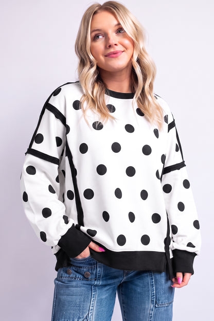 Black Polka Dot Contrast Patchwork Round Neck Baggy Sweatshirt