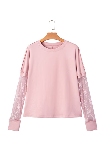 Black Solid Color Bow Textured Patchwork Long Sleeve Tee