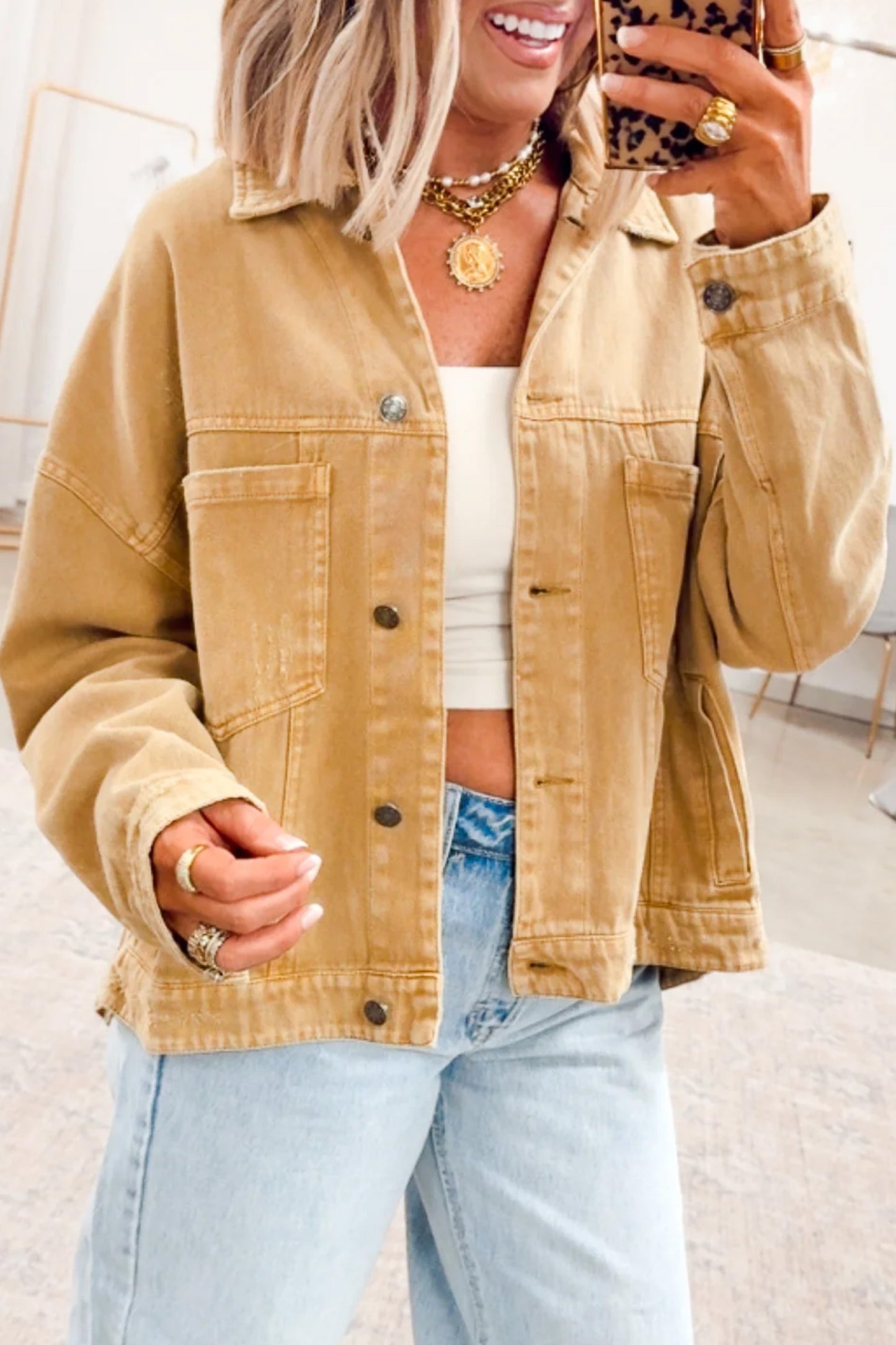 honey gold Metal Button Front Long Sleeve Collar Denim Jacket