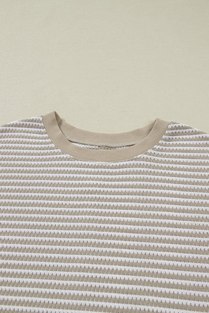 Brown Plus Size Stripe Ribbed Trim Drop Shoulder Long Sleeve Oversized Top