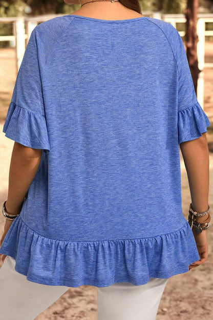 Light Blue Ruffled Short Sleeve Plus Size Casual Blouse
