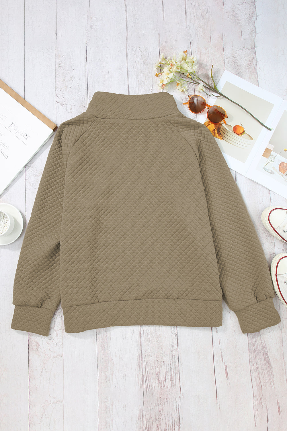 Pale Khaki Solid Half Zipper Quilted Pullover Sweatshirt