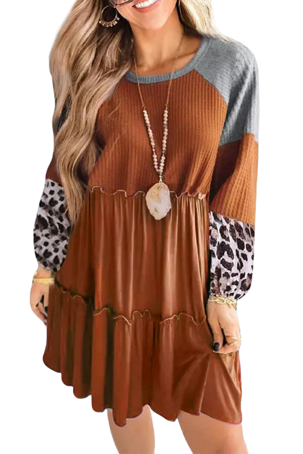 Gold Flame Plus Size Waffle Leopard Long Sleeve Ruffle Mini Dress