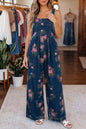 Beau Blue Floral Print Pleated High Waist Wide Leg Denim Jumpsuit