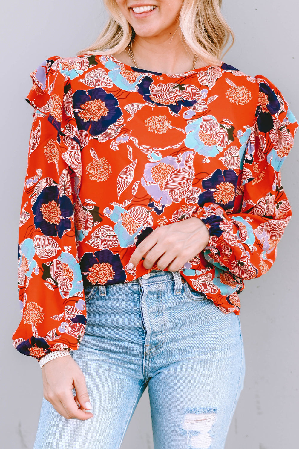 Ginger Floral Print Ruffle Puff Sleeve Blouse