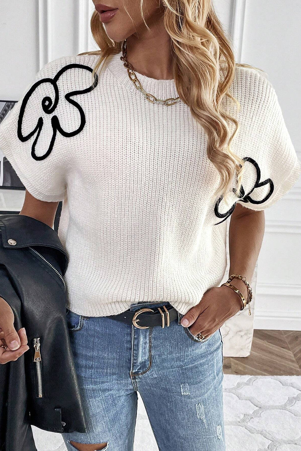 White Flower Embroidery Sweater Tee